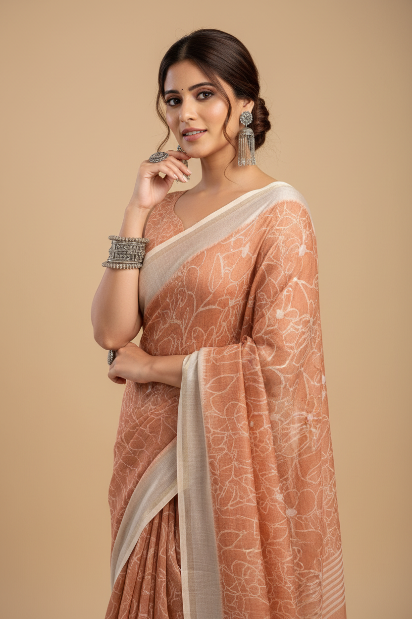 Snuggle Spot Women's Faux Linen Floral Print Ready to wear Saree With Unstitched Blouse 5.5Mtr (Peach)