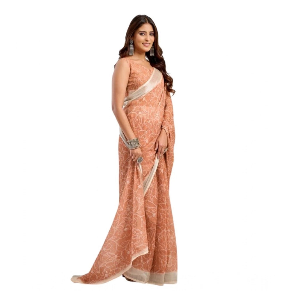 Snuggle Spot Women's Faux Linen Floral Print Ready to wear Saree With Unstitched Blouse 5.5Mtr (Peach)