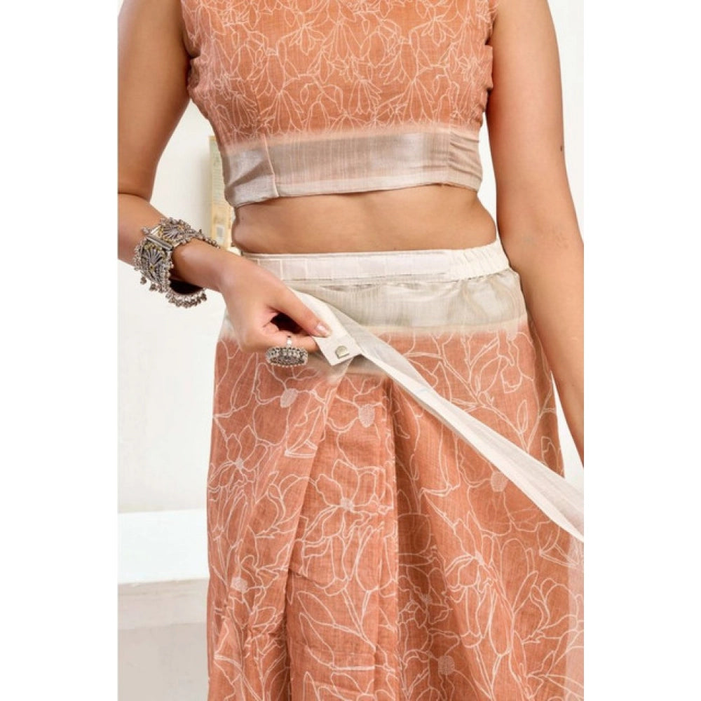 Snuggle Spot Women's Faux Linen Floral Print Ready to wear Saree With Unstitched Blouse 5.5Mtr (Peach)