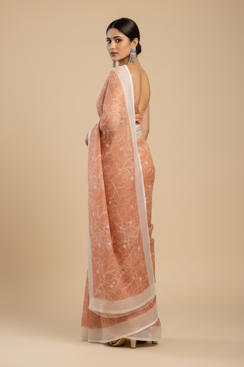 Snuggle Spot Women's Faux Linen Floral Print Ready to wear Saree With Unstitched Blouse 5.5Mtr (Peach)