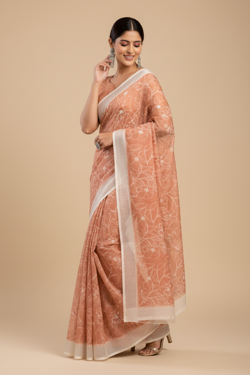Snuggle Spot Women's Faux Linen Floral Print Ready to wear Saree With Unstitched Blouse 5.5Mtr (Peach)