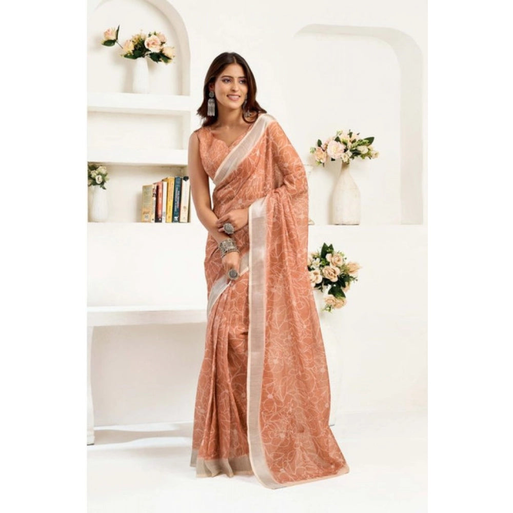 Snuggle Spot Women's Faux Linen Floral Print Ready to wear Saree With Unstitched Blouse 5.5Mtr (Peach)