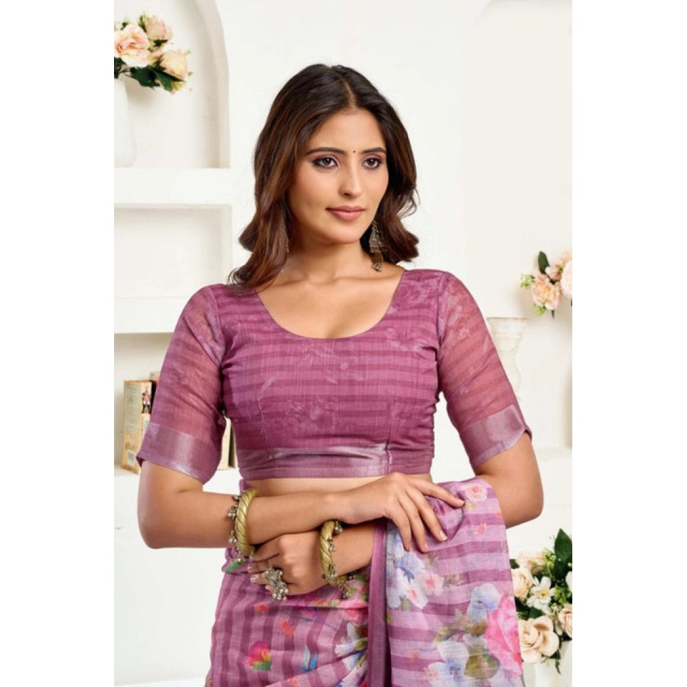 Snuggle Spot Women's Faux Linen Floral Print Ready to wear Saree With Unstitched Blouse 5.5Mtr (Pink)