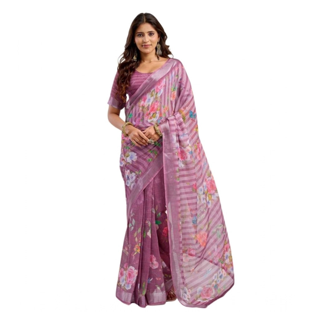 Snuggle Spot Women's Faux Linen Floral Print Ready to wear Saree With Unstitched Blouse 5.5Mtr (Pink)