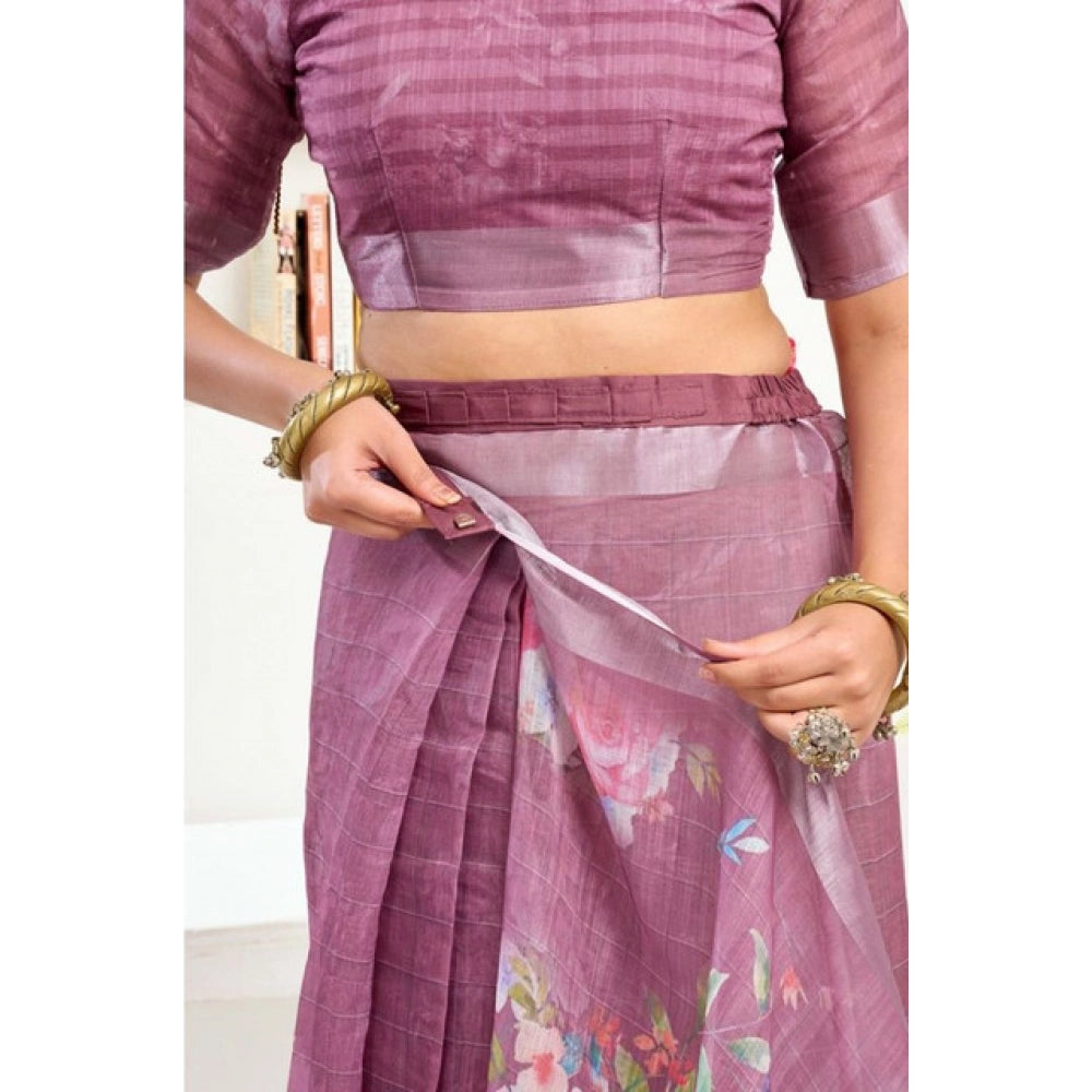 Snuggle Spot Women's Faux Linen Floral Print Ready to wear Saree With Unstitched Blouse 5.5Mtr (Pink)