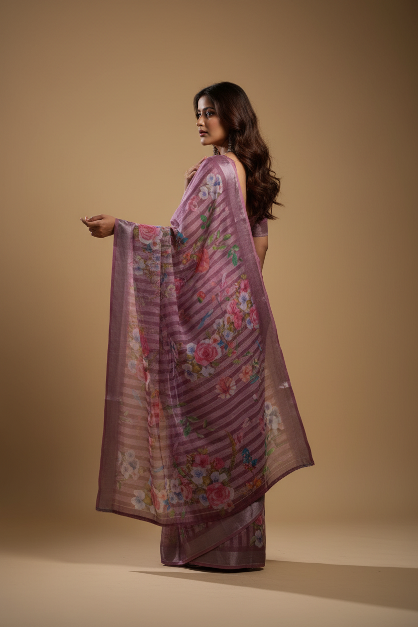 Snuggle Spot Women's Faux Linen Floral Print Ready to wear Saree With Unstitched Blouse 5.5Mtr (Pink)