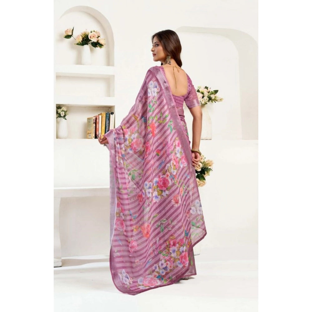 Snuggle Spot Women's Faux Linen Floral Print Ready to wear Saree With Unstitched Blouse 5.5Mtr (Pink)