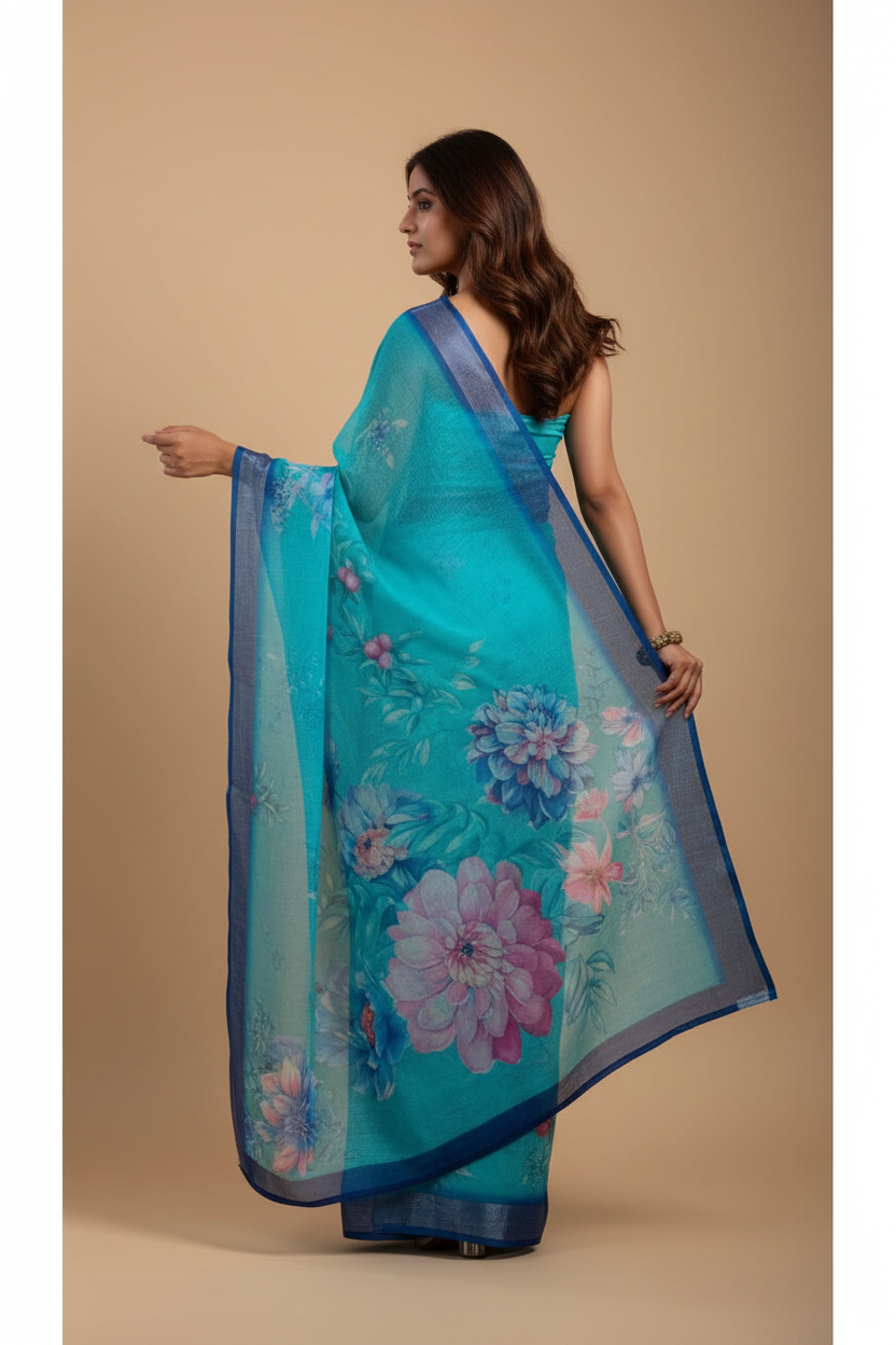 Snuggle Spot Women's Faux Linen Floral Print Ready to wear Saree With Unstitched Blouse 5.5Mtr (Light_AquaBlue)