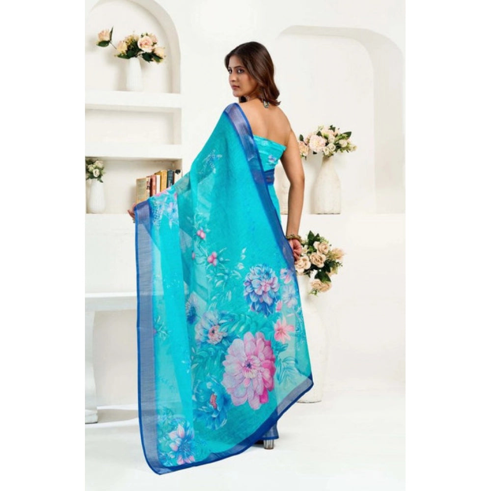 Snuggle Spot Women's Faux Linen Floral Print Ready to wear Saree With Unstitched Blouse 5.5Mtr (Light_AquaBlue)