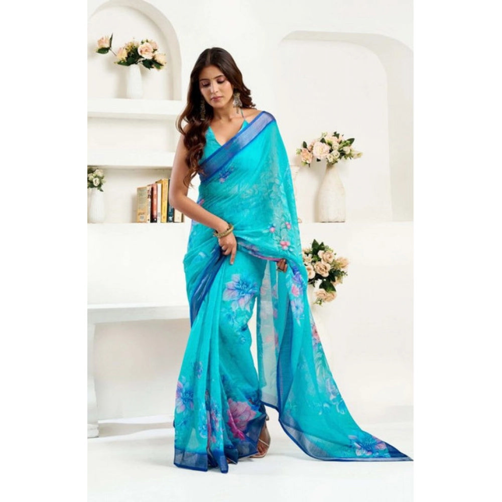 Snuggle Spot Women's Faux Linen Floral Print Ready to wear Saree With Unstitched Blouse 5.5Mtr (Light_AquaBlue)
