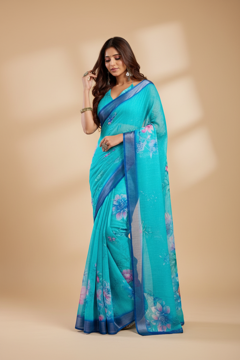 Snuggle Spot Women's Faux Linen Floral Print Ready to wear Saree With Unstitched Blouse 5.5Mtr (Light_AquaBlue)