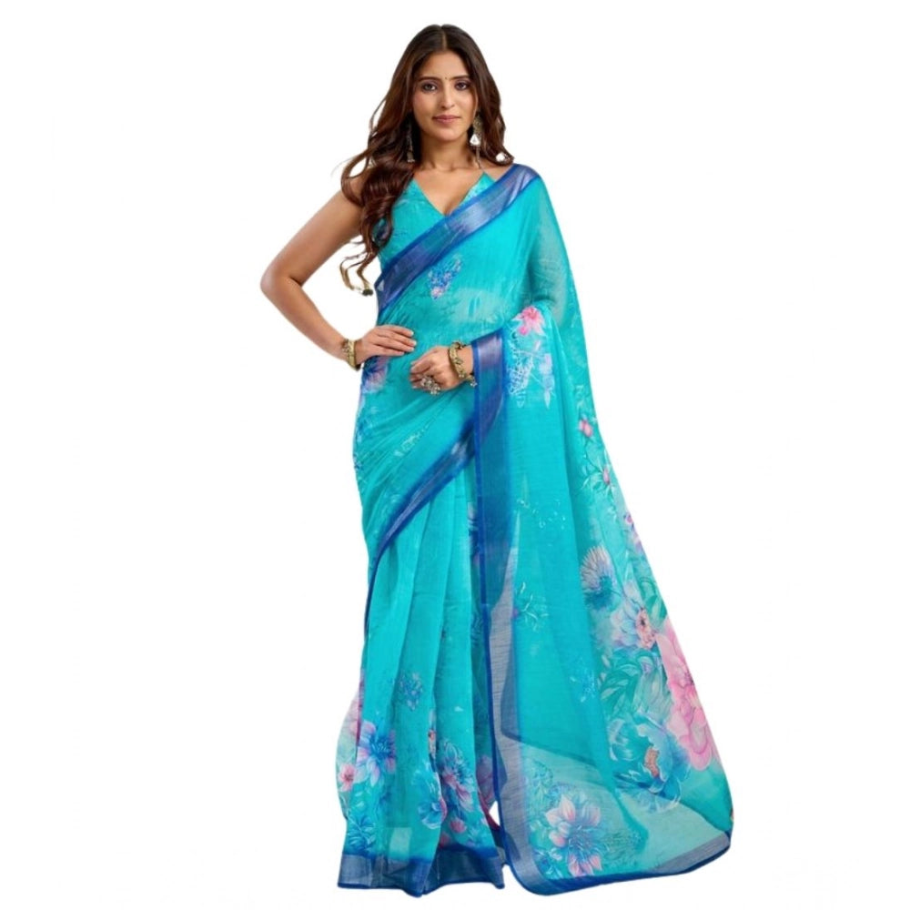 Snuggle Spot Women's Faux Linen Floral Print Ready to wear Saree With Unstitched Blouse 5.5Mtr (Light_AquaBlue)