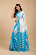 Snuggle Spot Women's Faux Linen Leaf Print Ready to wear Saree With Unstitched Blouse 5.5Mtr (SkyBlue &amp; White)