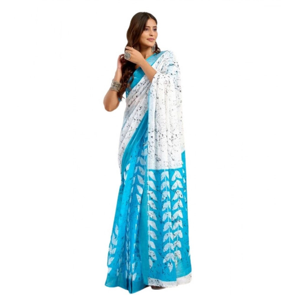 Snuggle Spot Women's Faux Linen Leaf Print Ready to wear Saree With Unstitched Blouse 5.5Mtr (SkyBlue &amp; White)