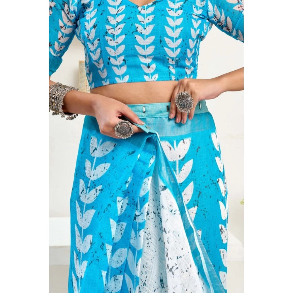 Snuggle Spot Women's Faux Linen Leaf Print Ready to wear Saree With Unstitched Blouse 5.5Mtr (SkyBlue &amp; White)