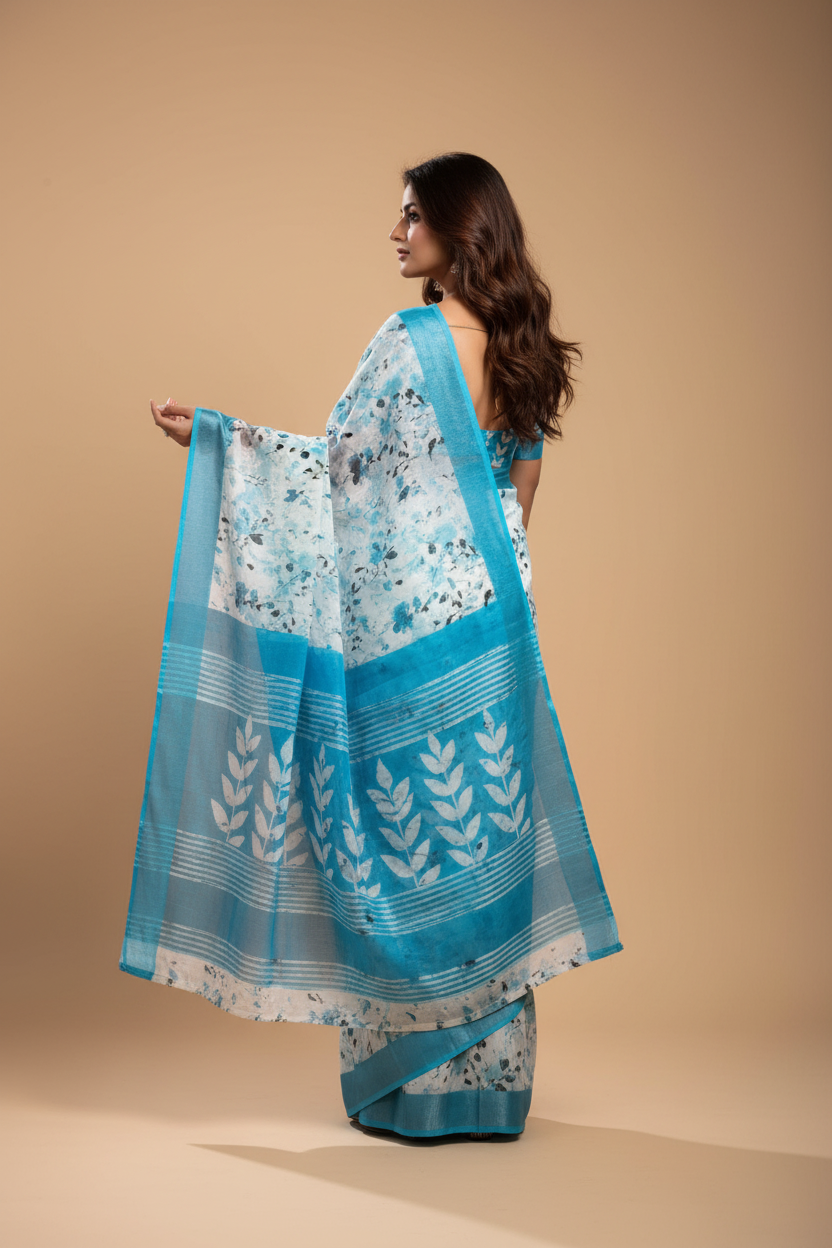 Snuggle Spot Women's Faux Linen Leaf Print Ready to wear Saree With Unstitched Blouse 5.5Mtr (SkyBlue &amp; White)