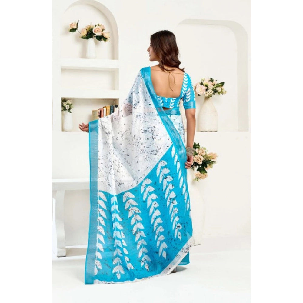Snuggle Spot Women's Faux Linen Leaf Print Ready to wear Saree With Unstitched Blouse 5.5Mtr (SkyBlue &amp; White)
