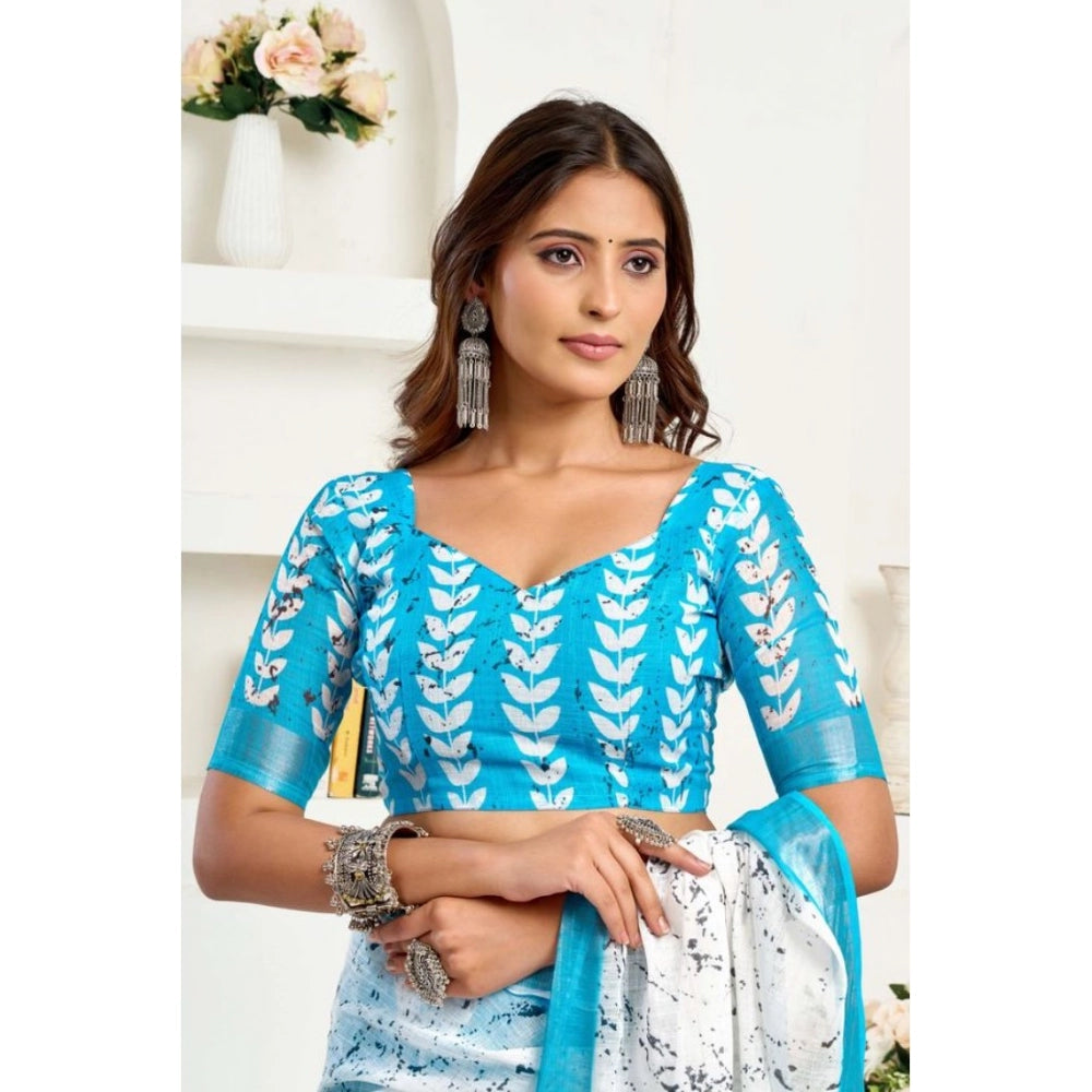 Snuggle Spot Women's Faux Linen Leaf Print Ready to wear Saree With Unstitched Blouse 5.5Mtr (SkyBlue &amp; White)