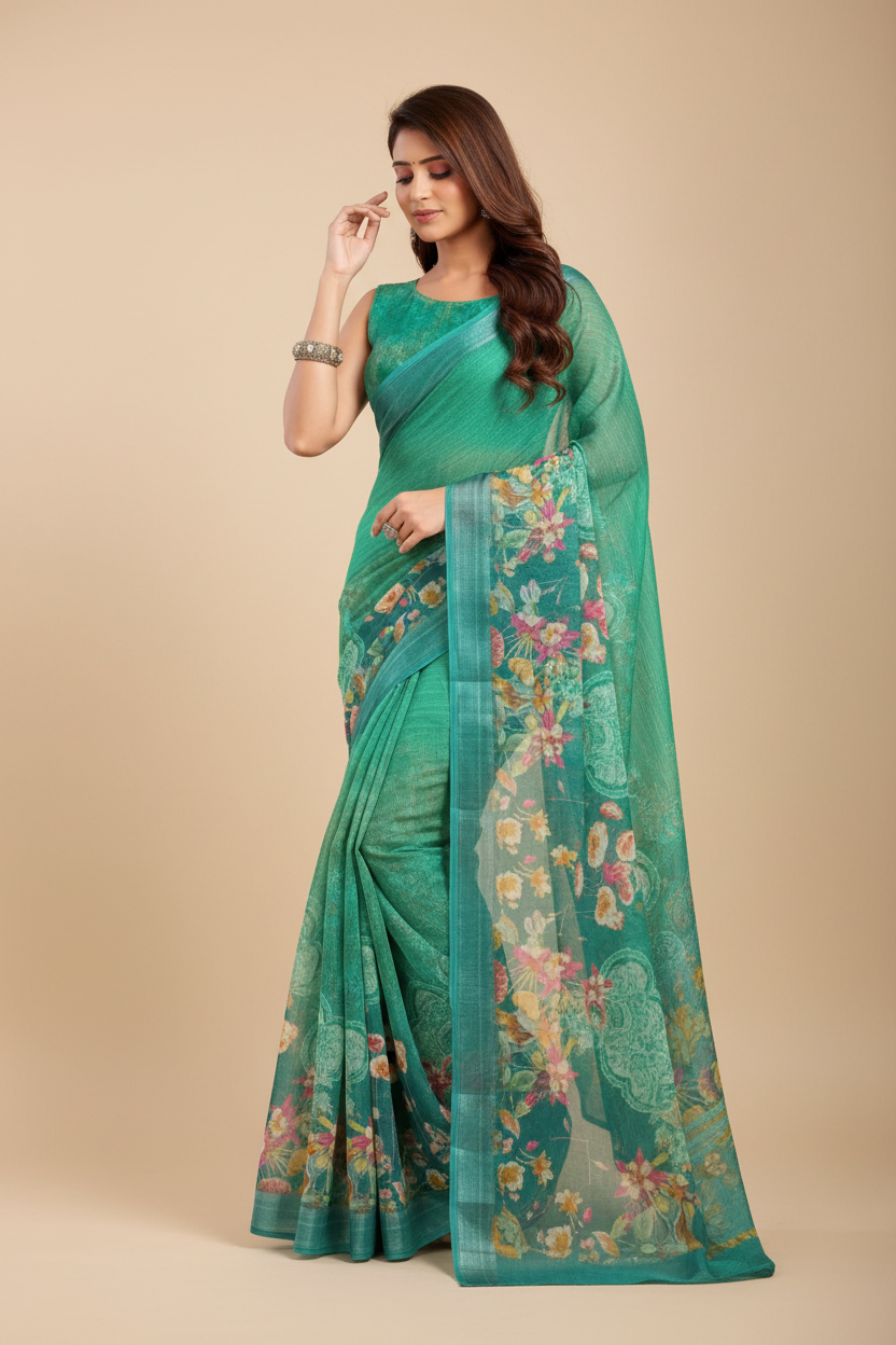Snuggle Spot Women's Faux Linen Floral Ready to wear Saree With Unstitched Blouse 5.5Mtr (Green)