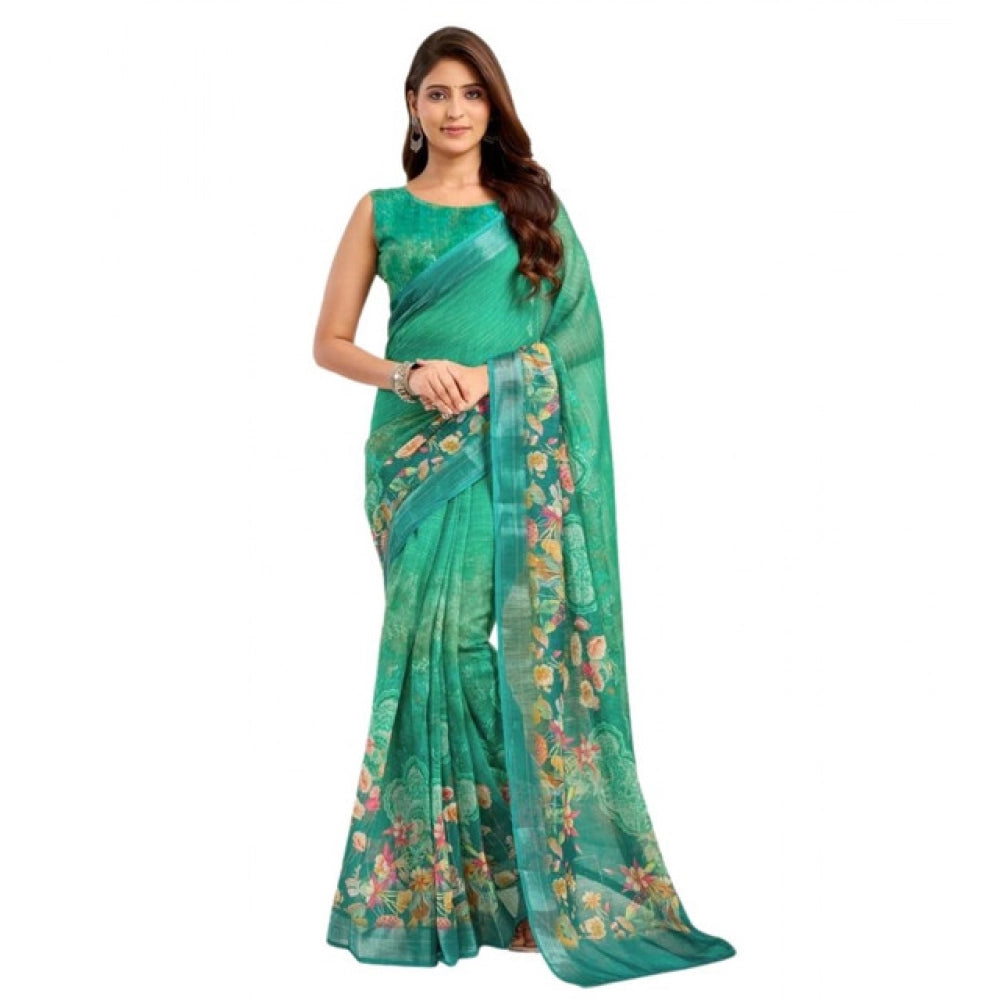 Snuggle Spot Women's Faux Linen Floral Ready to wear Saree With Unstitched Blouse 5.5Mtr (Green)