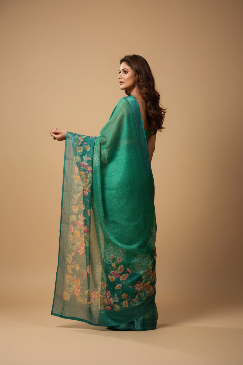 Snuggle Spot Women's Faux Linen Floral Ready to wear Saree With Unstitched Blouse 5.5Mtr (Green)
