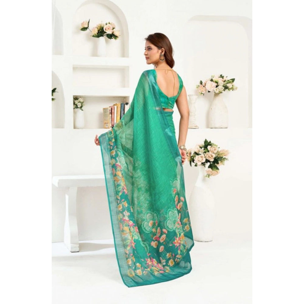 Snuggle Spot Women's Faux Linen Floral Ready to wear Saree With Unstitched Blouse 5.5Mtr (Green)