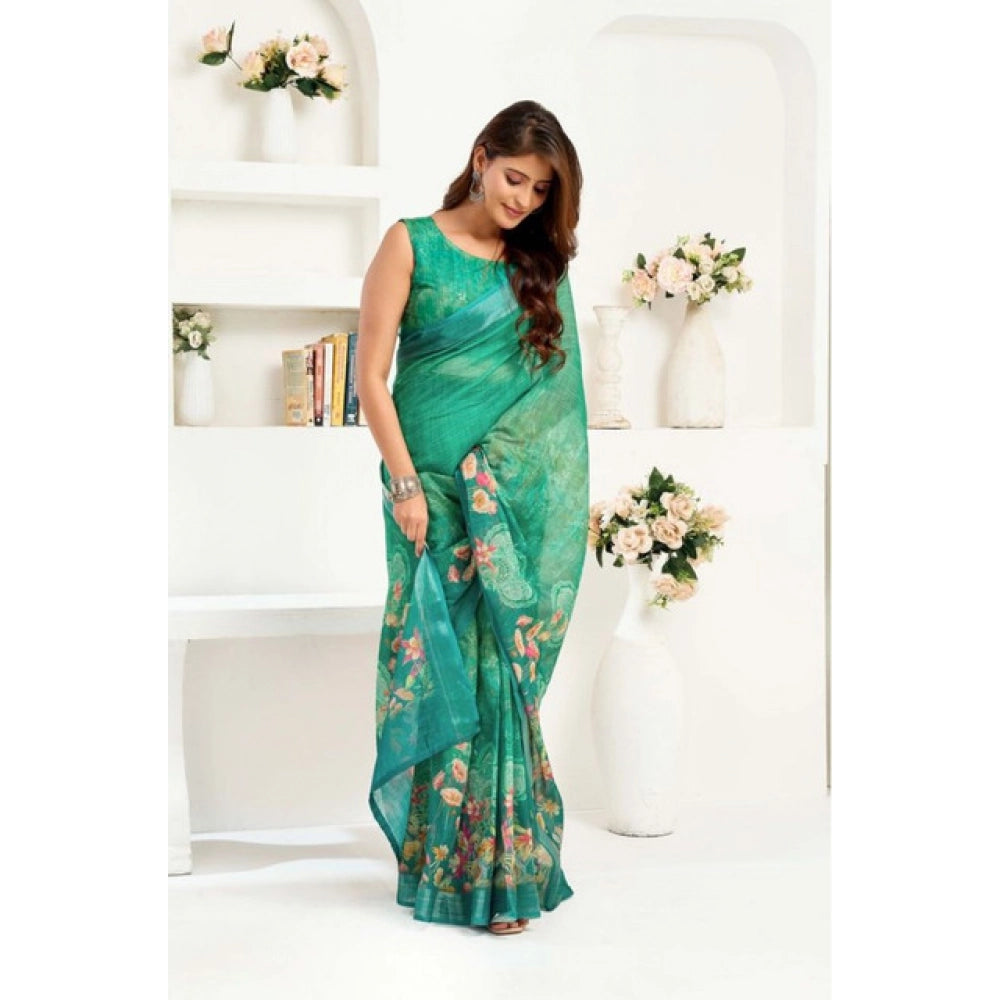 Snuggle Spot Women's Faux Linen Floral Ready to wear Saree With Unstitched Blouse 5.5Mtr (Green)