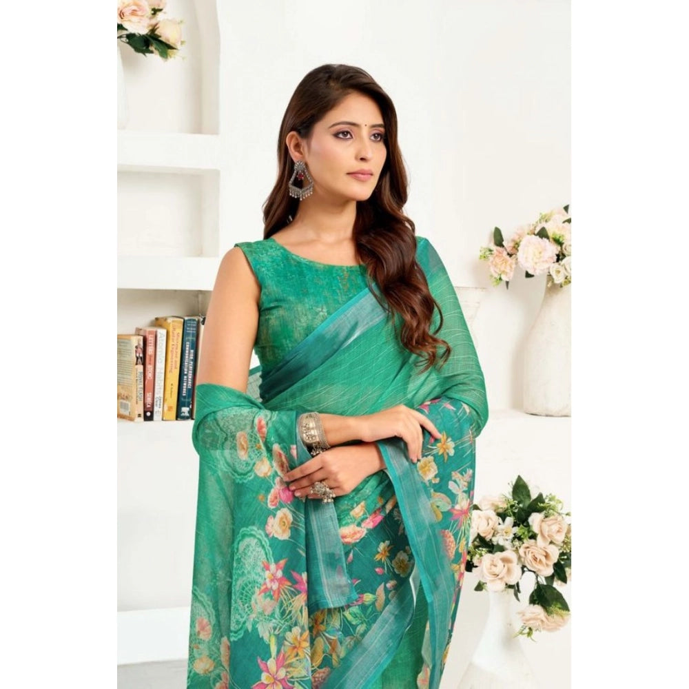 Snuggle Spot Women's Faux Linen Floral Ready to wear Saree With Unstitched Blouse 5.5Mtr (Green)
