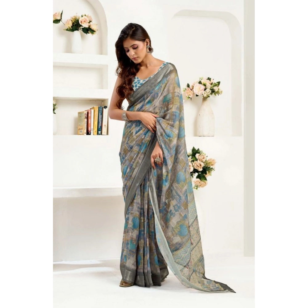 Snuggle Spot Women's Faux Linen Abstract Print Ready to wear Saree With Unstitched Blouse 5.5Mtr (Grey)