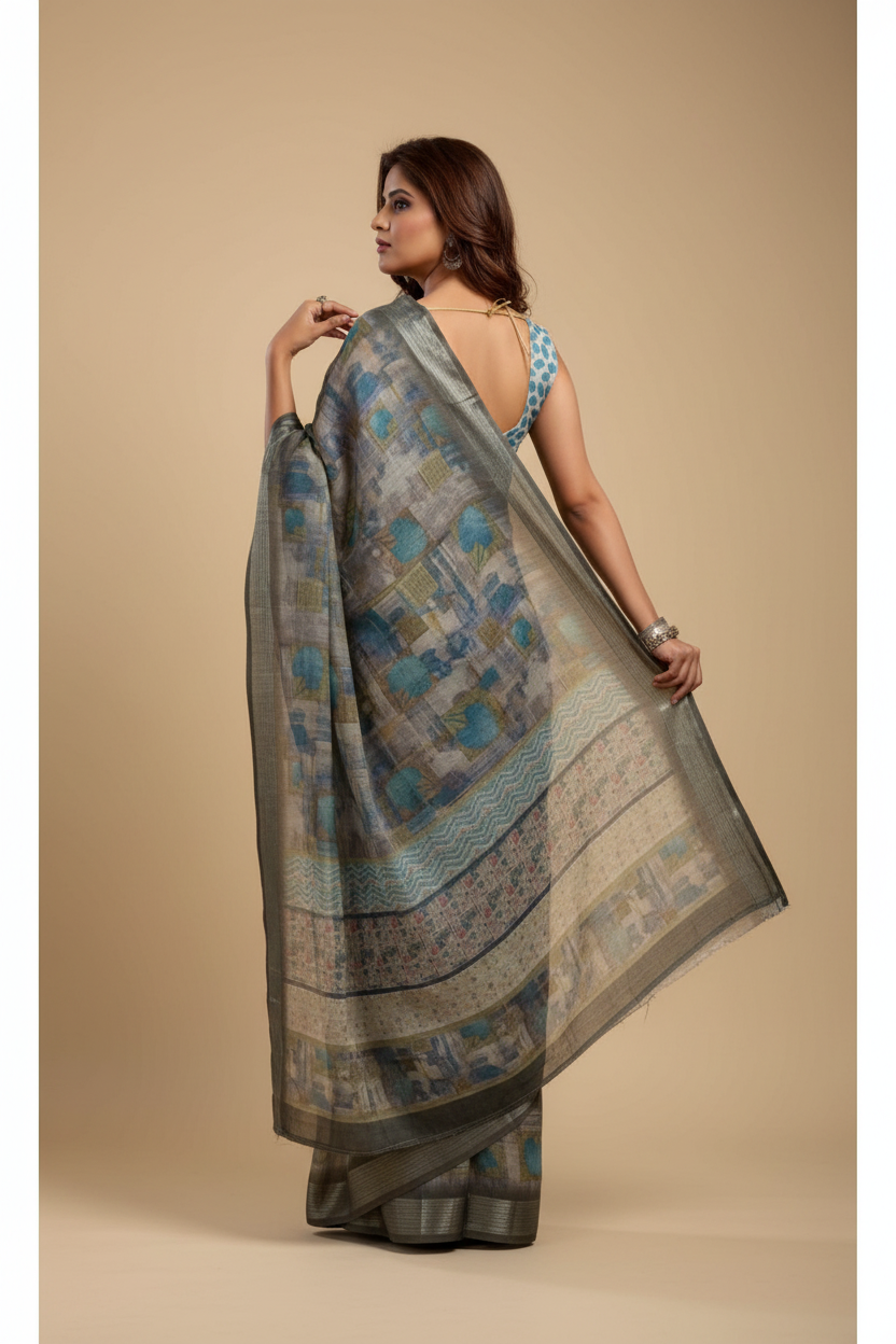 Snuggle Spot Women's Faux Linen Abstract Print Ready to wear Saree With Unstitched Blouse 5.5Mtr (Grey)