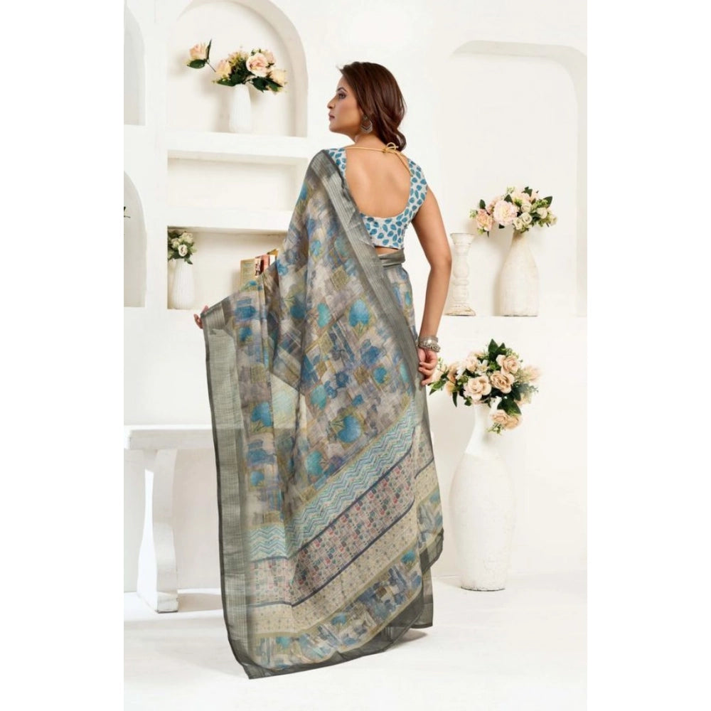 Snuggle Spot Women's Faux Linen Abstract Print Ready to wear Saree With Unstitched Blouse 5.5Mtr (Grey)