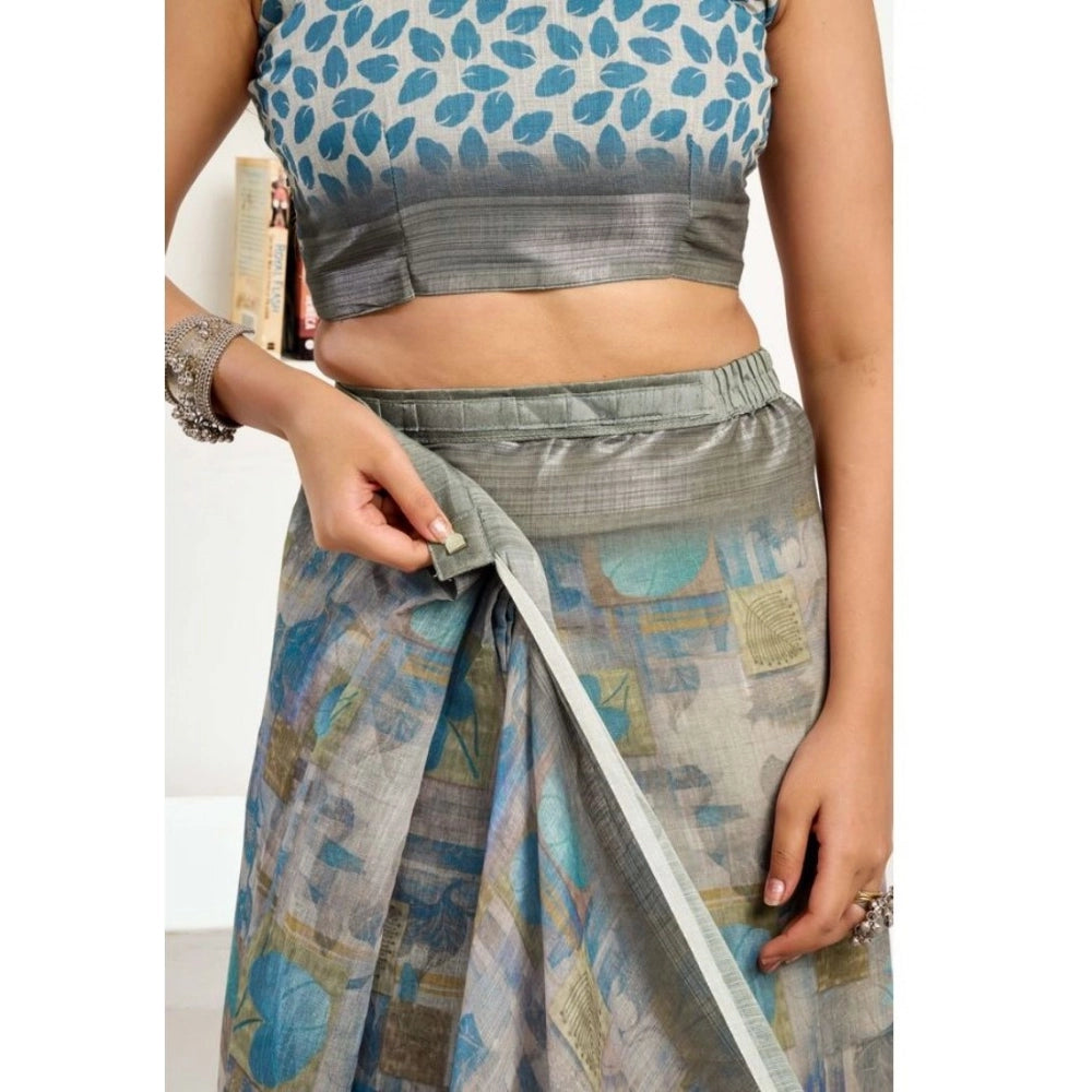 Snuggle Spot Women's Faux Linen Abstract Print Ready to wear Saree With Unstitched Blouse 5.5Mtr (Grey)