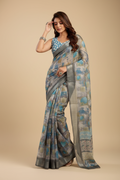 Snuggle Spot Women's Faux Linen Abstract Print Ready to wear Saree With Unstitched Blouse 5.5Mtr (Grey)