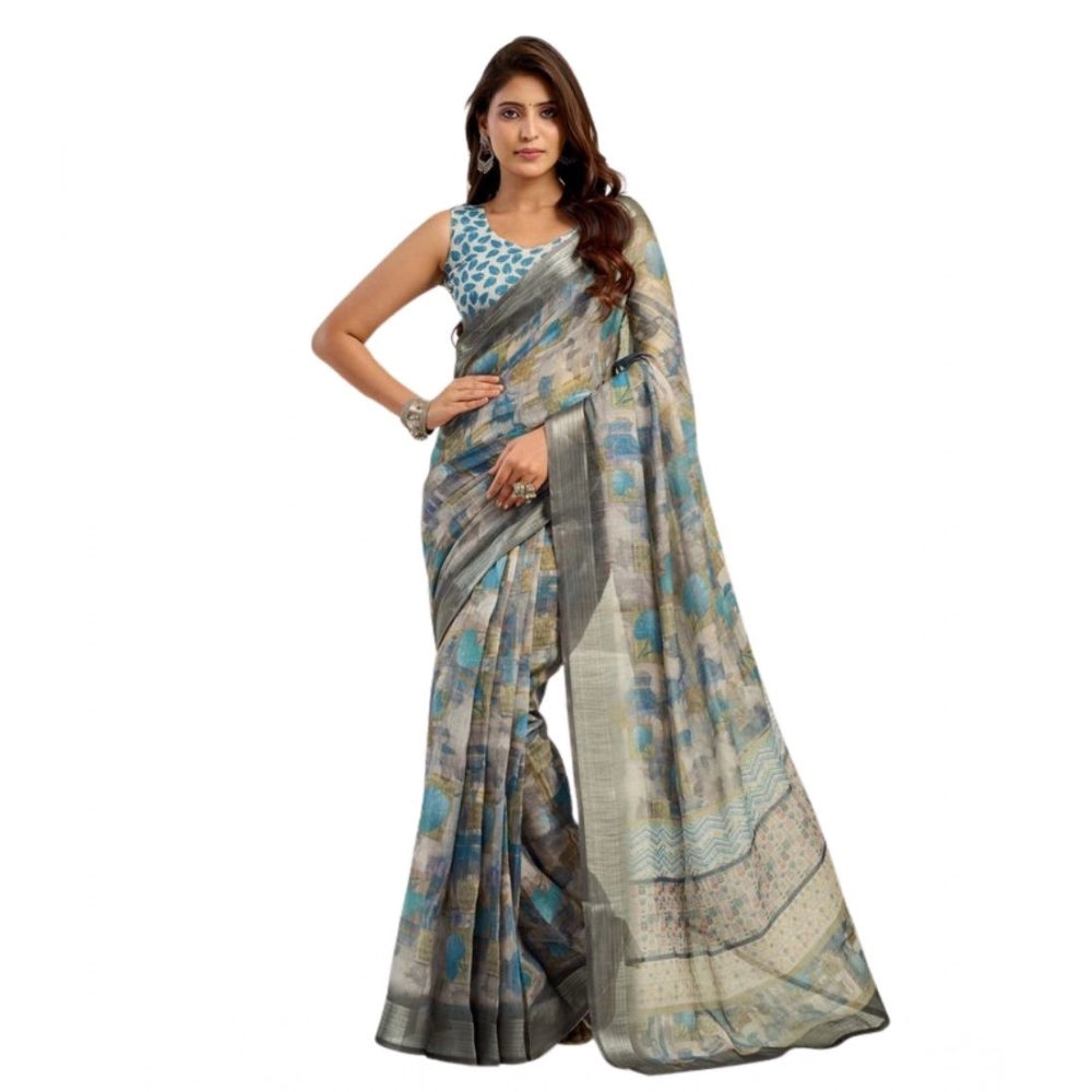 Snuggle Spot Women's Faux Linen Abstract Print Ready to wear Saree With Unstitched Blouse 5.5Mtr (Grey)