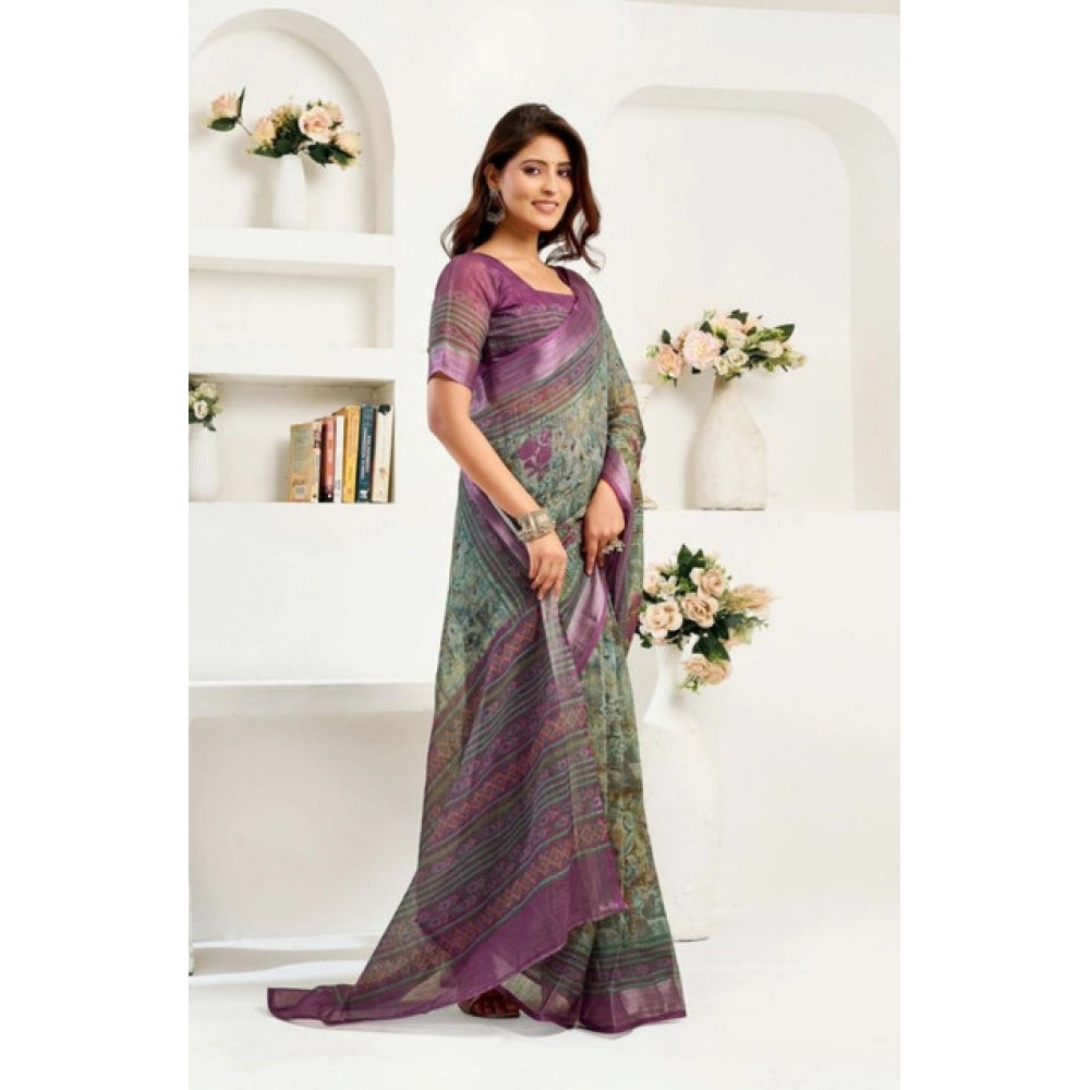 Snuggle Spot Women's Faux Linen Printed Ready to wear Saree With Unstitched Blouse 5.5Mtr (Multicolor)