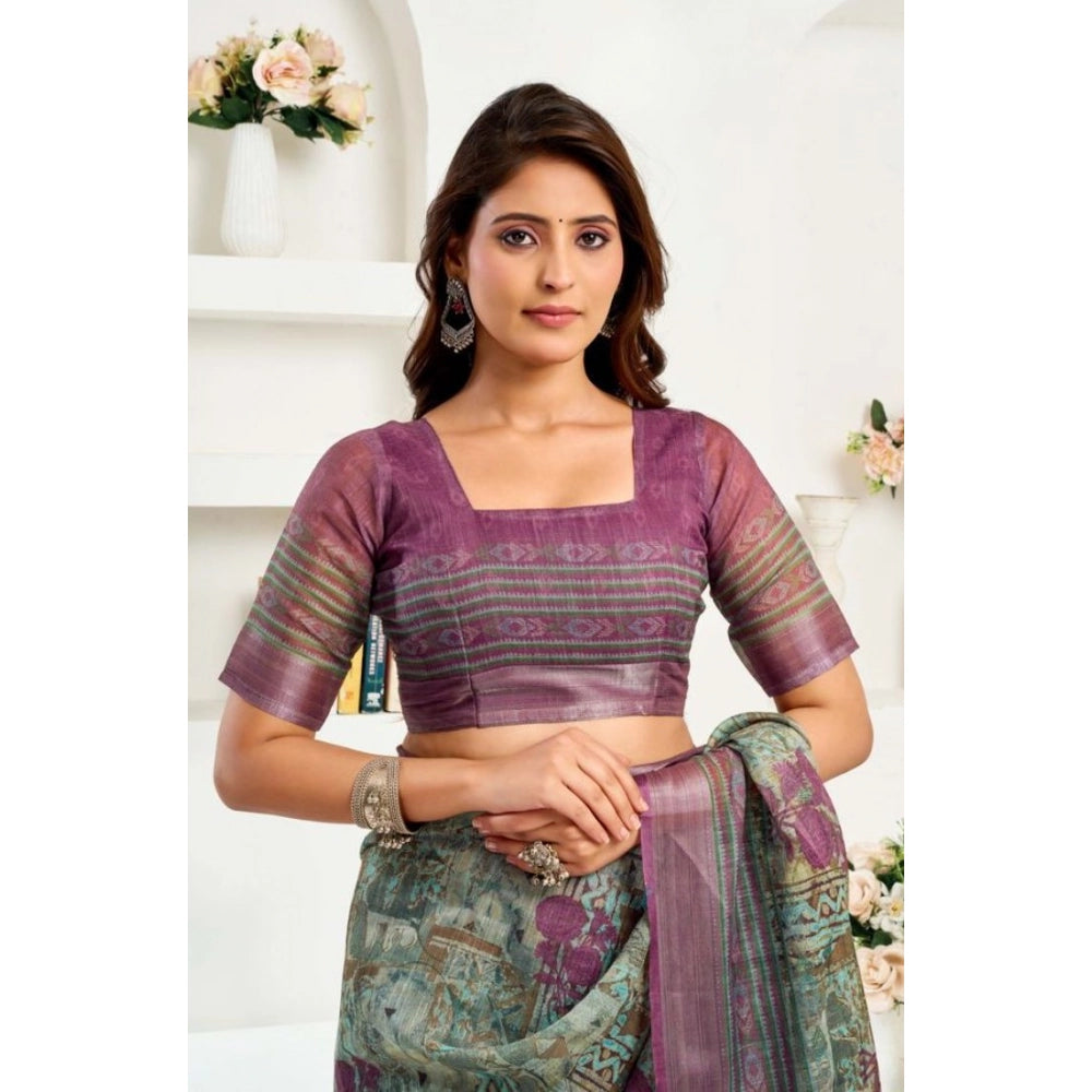Snuggle Spot Women's Faux Linen Printed Ready to wear Saree With Unstitched Blouse 5.5Mtr (Multicolor)