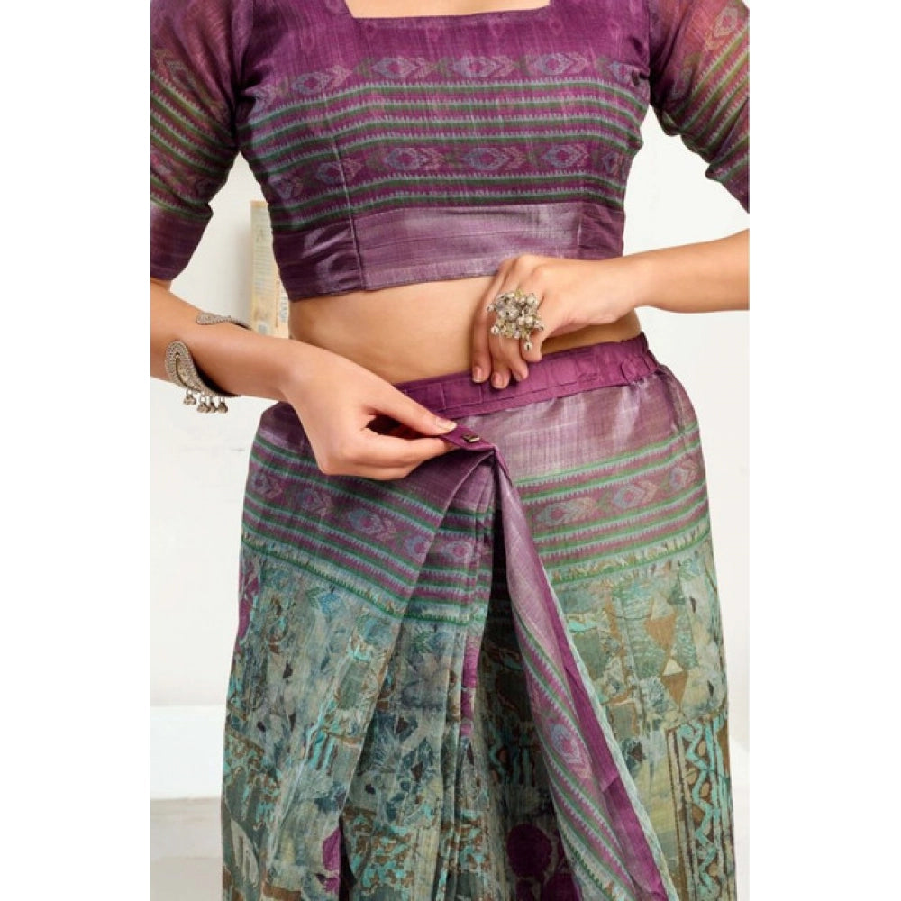 Snuggle Spot Women's Faux Linen Printed Ready to wear Saree With Unstitched Blouse 5.5Mtr (Multicolor)