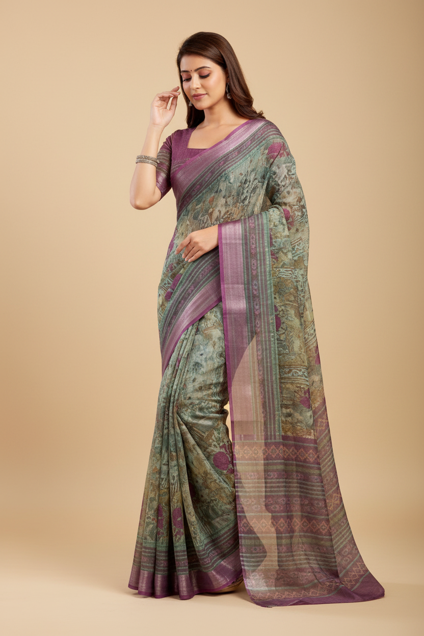 Snuggle Spot Women's Faux Linen Printed Ready to wear Saree With Unstitched Blouse 5.5Mtr (Multicolor)