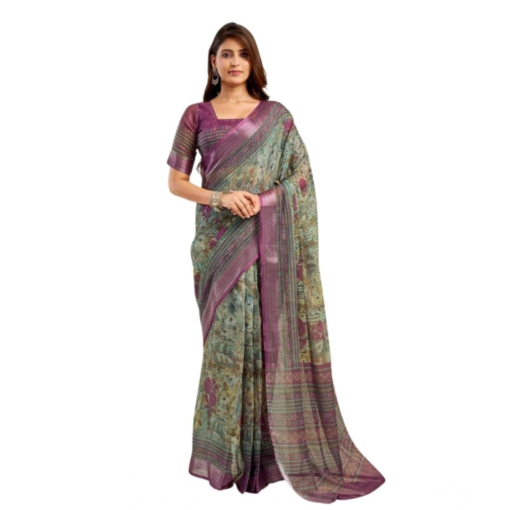 Snuggle Spot Women's Faux Linen Printed Ready to wear Saree With Unstitched Blouse 5.5Mtr (Multicolor)