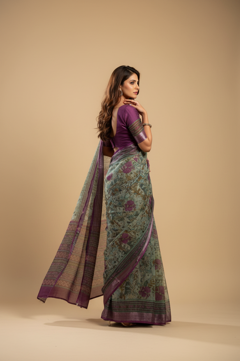 Snuggle Spot Women's Faux Linen Printed Ready to wear Saree With Unstitched Blouse 5.5Mtr (Multicolor)