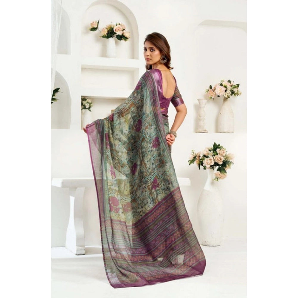 Snuggle Spot Women's Faux Linen Printed Ready to wear Saree With Unstitched Blouse 5.5Mtr (Multicolor)