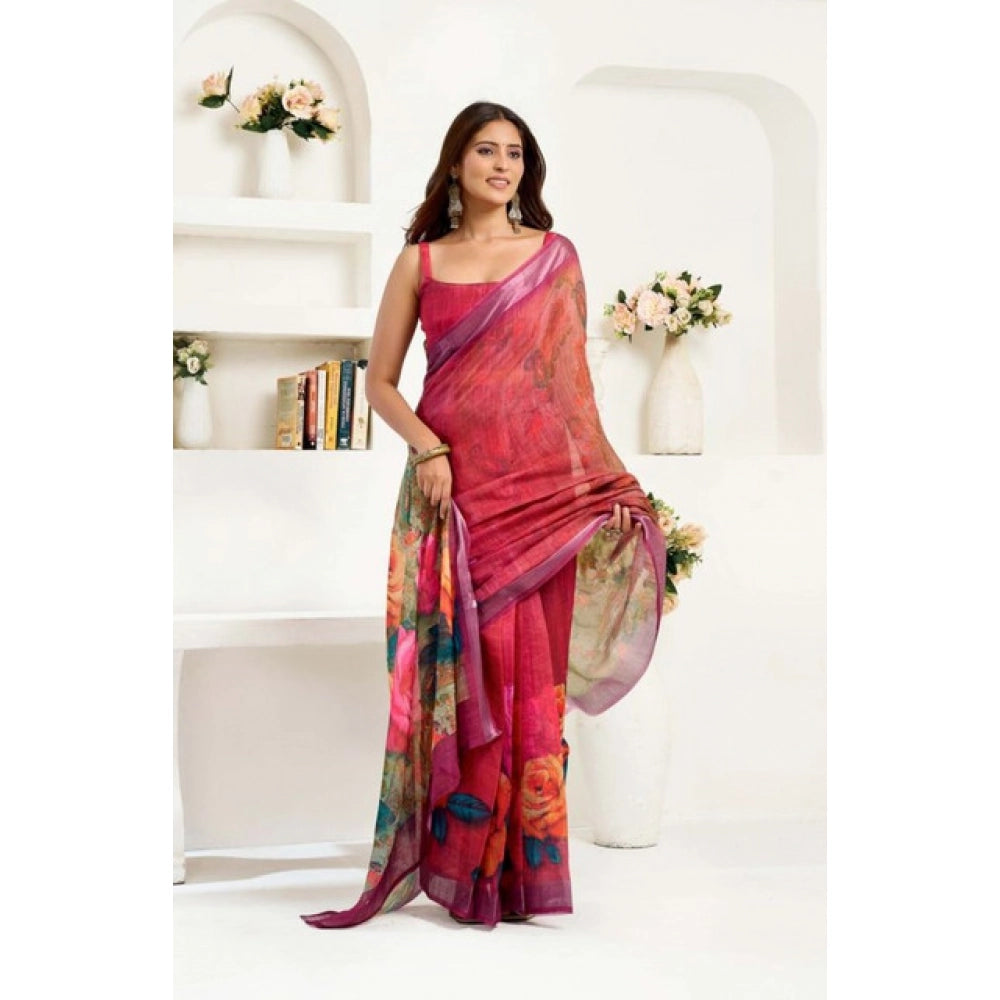 Snuggle Spot Women's Faux Linen Floral Print Ready to wear Saree With Unstitched Blouse 5.5Mtr (Pink)