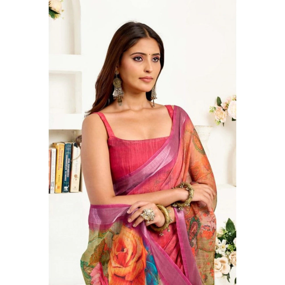 Snuggle Spot Women's Faux Linen Floral Print Ready to wear Saree With Unstitched Blouse 5.5Mtr (Pink)