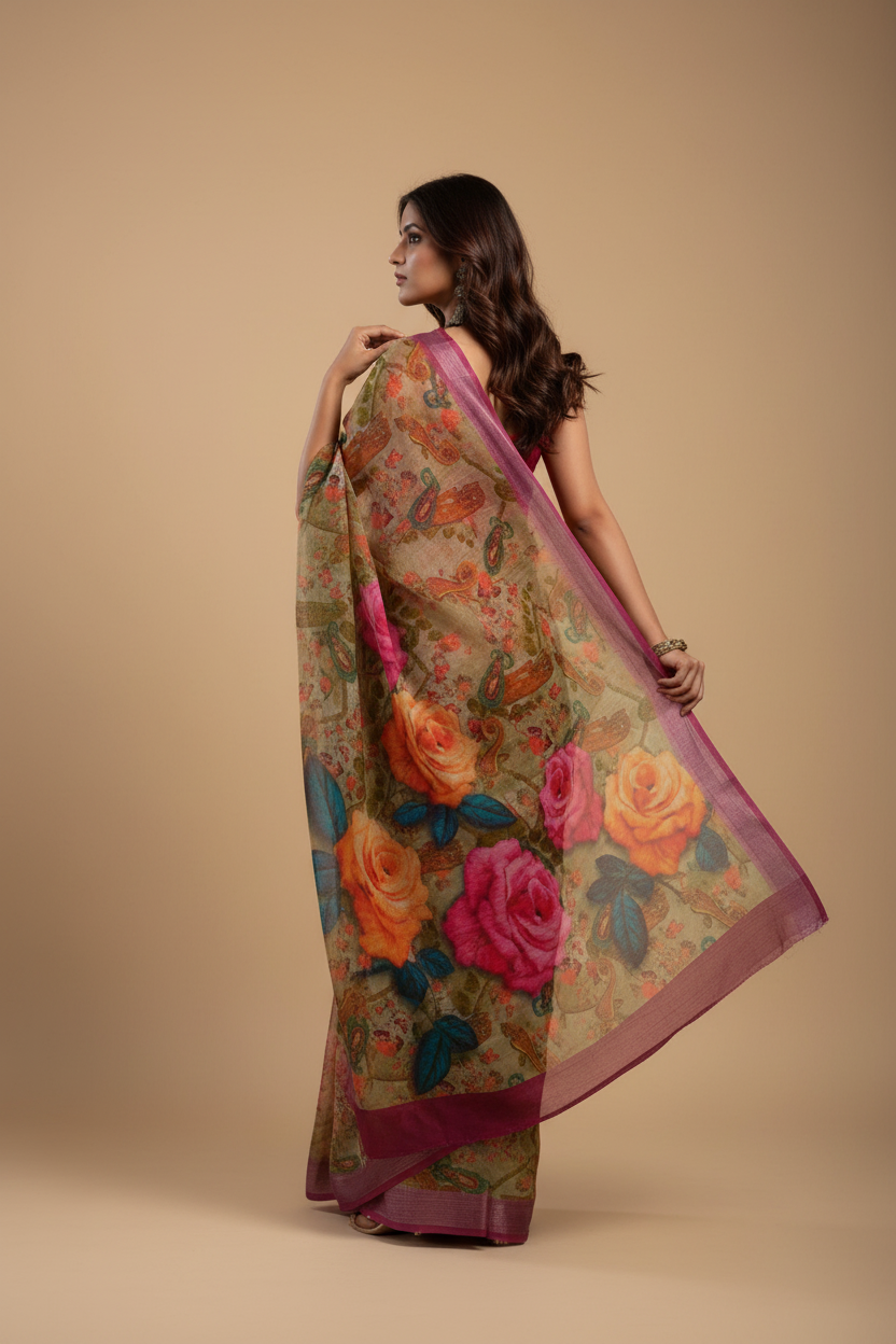 Snuggle Spot Women's Faux Linen Floral Print Ready to wear Saree With Unstitched Blouse 5.5Mtr (Pink)