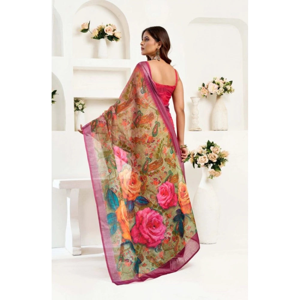 Snuggle Spot Women's Faux Linen Floral Print Ready to wear Saree With Unstitched Blouse 5.5Mtr (Pink)