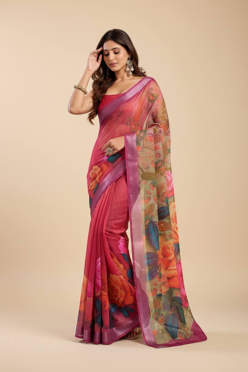 Snuggle Spot Women's Faux Linen Floral Print Ready to wear Saree With Unstitched Blouse 5.5Mtr (Pink)
