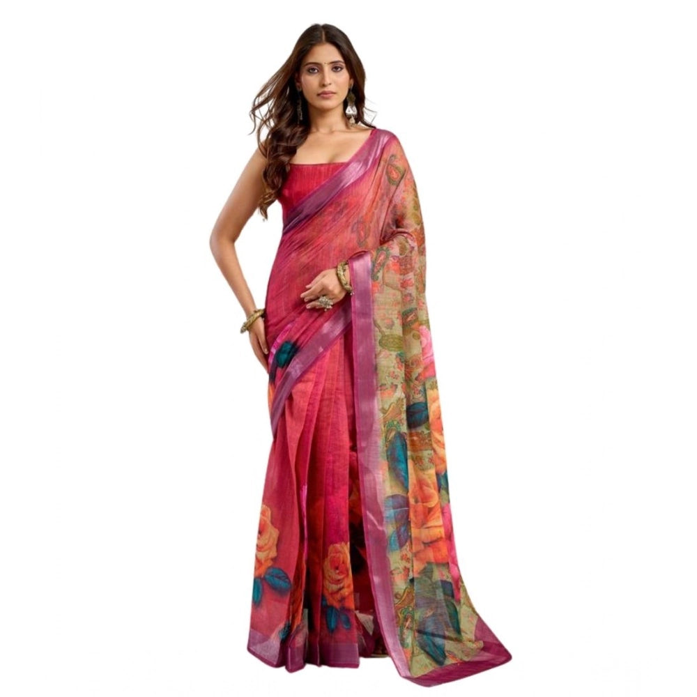 Snuggle Spot Women's Faux Linen Floral Print Ready to wear Saree With Unstitched Blouse 5.5Mtr (Pink)