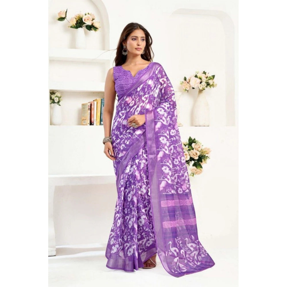 Snuggle Spot Women's Faux Linen Floral Print Ready to wear Saree With Unstitched Blouse 5.5Mtr (Purple)