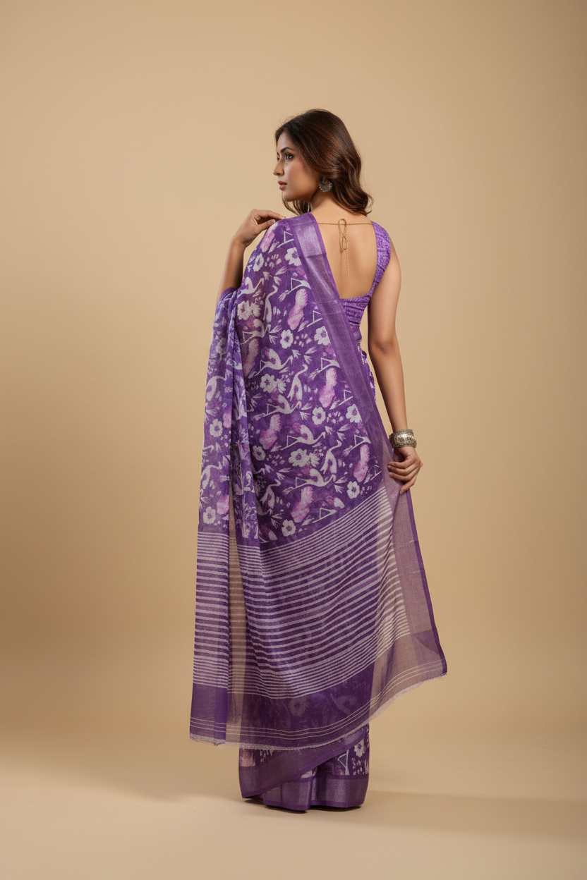 Snuggle Spot Women's Faux Linen Floral Print Ready to wear Saree With Unstitched Blouse 5.5Mtr (Purple)