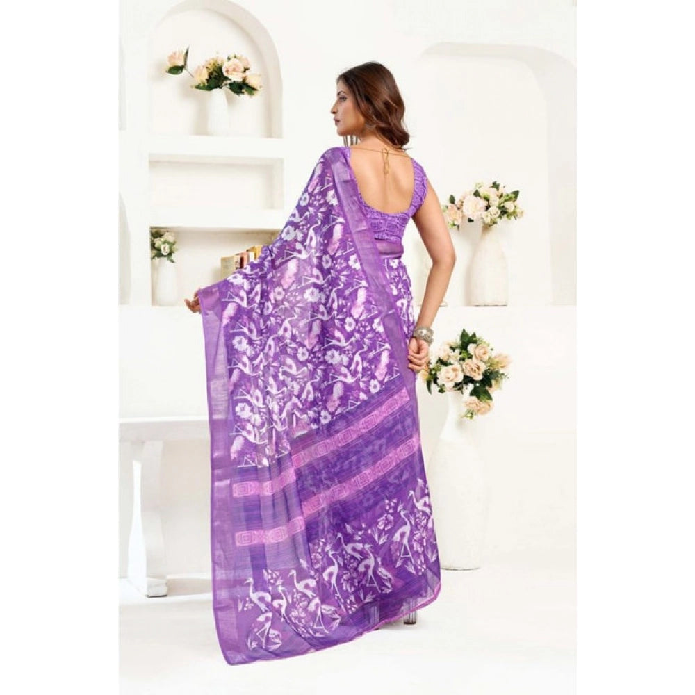 Snuggle Spot Women's Faux Linen Floral Print Ready to wear Saree With Unstitched Blouse 5.5Mtr (Purple)